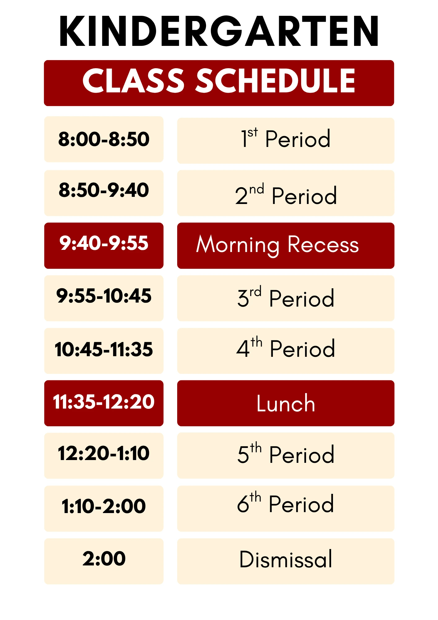 Classroom Schedule - Kindergarten